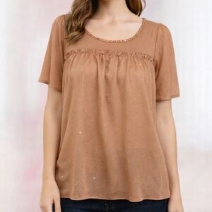 AXES FEMME Tan Metallic Stars Ruffle Tie Back Top